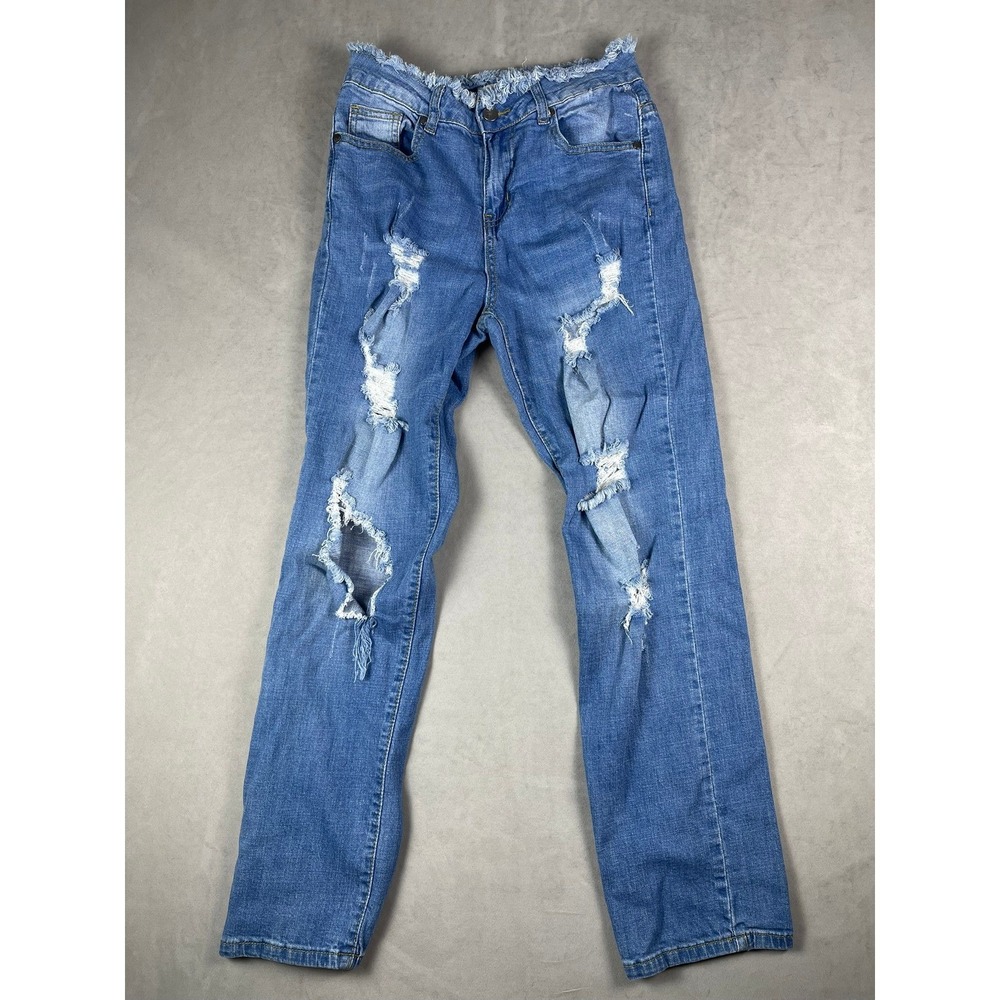 Between Us Womens Distressed Straight Leg Jeans Medium Wash Blue Frayed Waist 27